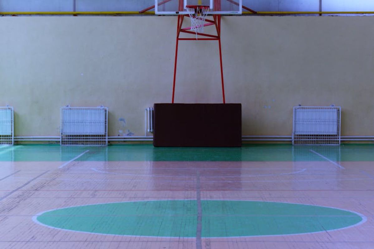Spacious minimalist gym with wooden floor and large windows